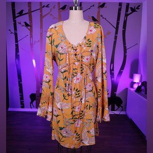 Xhilaration Yellow Japanese Floral Crane Print Bell Sleeve Swing Dress